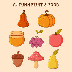Illustration of autumn fruit and food collections with cute style