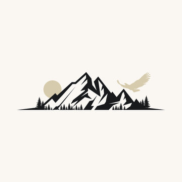 Simple but simple rock mountain with forest and bird image graphic icon logo design abstract concept vector stock. Can be used as symbol related to adventure or landscape