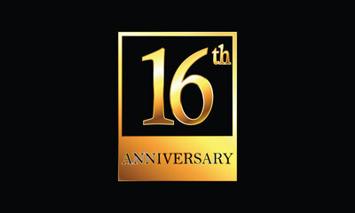 Obraz premium 16 years anniversary celebration in golden rectangle 16th Anniversary celebration. Gold Luxury Banner of 16th Anniversary celebration. sixteenth celebration card. Vector anniversary