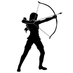 Archer Silhouette, Female Warrior Character Design. Silhouette girl archer in a dynamic style and pulls an arrow ready to shoot, Amazon female warrior, leather armor.