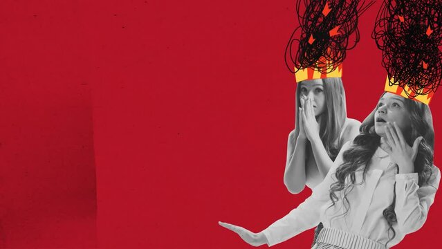 Contemporary art collage. Scared young girls with fire and chaos in her head. Ideas, imagination, art, surrealism. Stop motion animation
