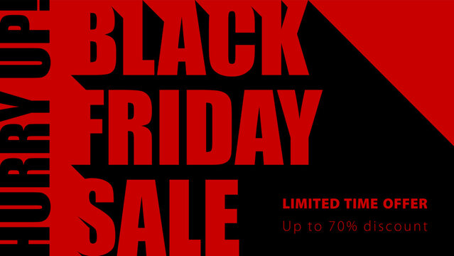 Website banner long shadow design for Black Friday Sale. Monochrome minimalistic flyer template, promotional banner in black and red color. Hurry up. limited time offer, 70 percent discount