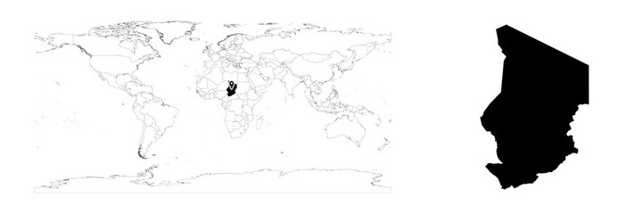 Vector Chad map showing country location on world map and solid map for Chad on white background. File is suitable for digital editing and prints of all sizes.