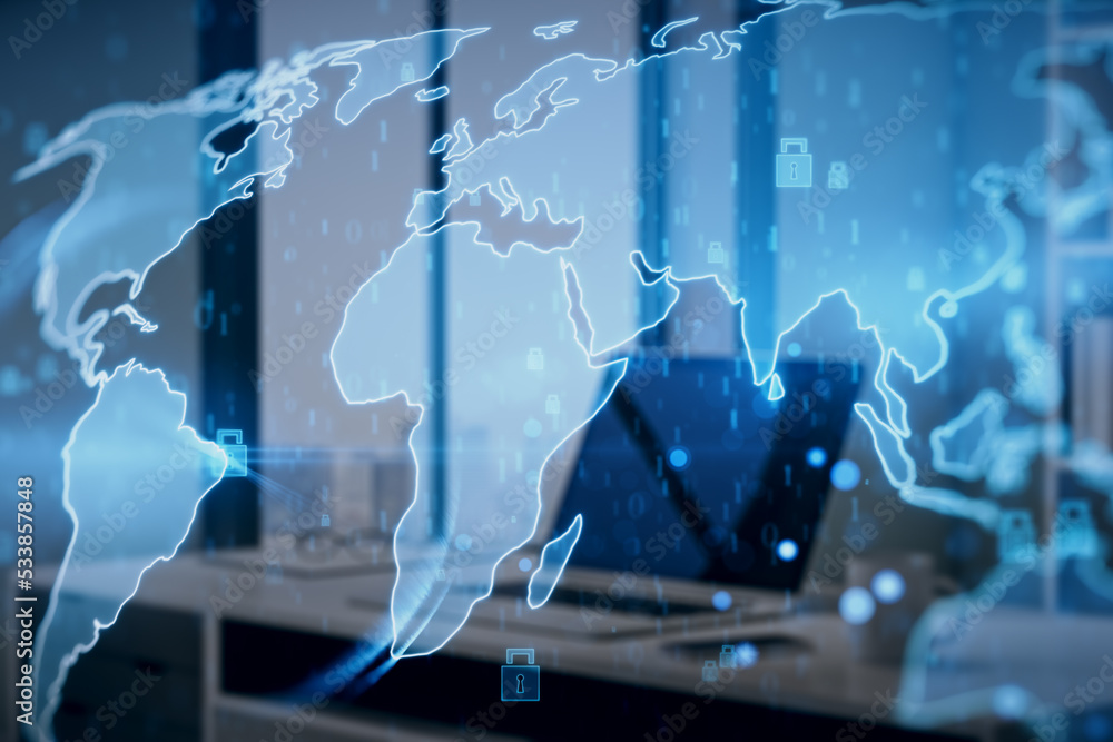 Aufkleber creative glowing ecryption map hologram with padlock icons on blurry office interior background. com