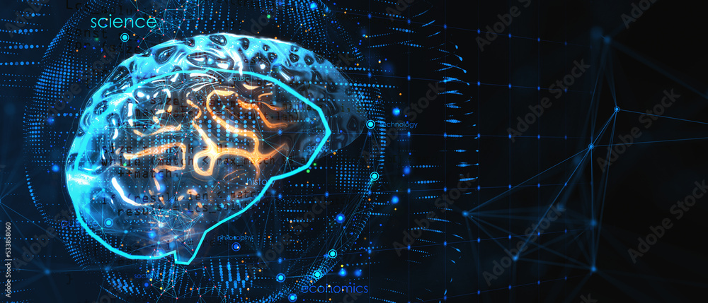 Aufkleber Machine learning and AI concept with digital human brain with glowing yellow convolutions surrounded by blue illuminated sphere on dark background. 3D rendering