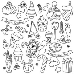 a set of New Year's doodles. Christmas balls, carrots, Christmas cupcakes. Print for decorating invitations and posters