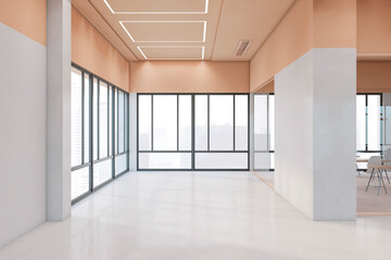Modern spacious light office interior with window and city view, furniture and daylight. Workplace and design concept. 3D Rendering.
