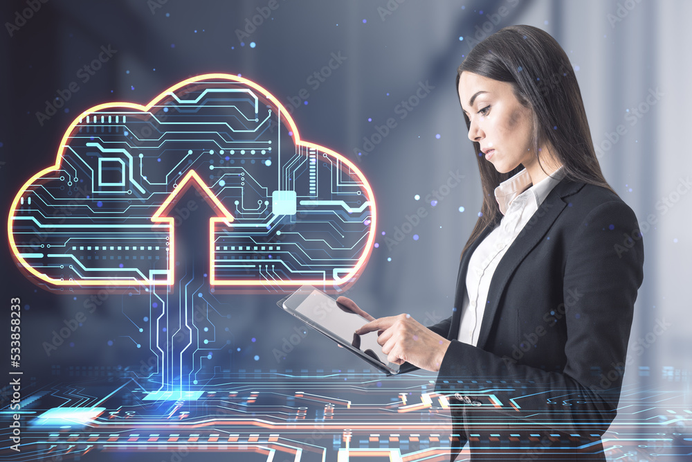 Poster Cloud service concept with digital glowing cloud sign with arrow up and circuit inside on businesswoman using tablet background, double exposure