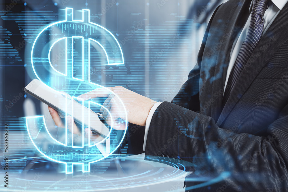 Poster close up of businessman hand pointing at cellphone with glowing dollar and map hologram on blurry of