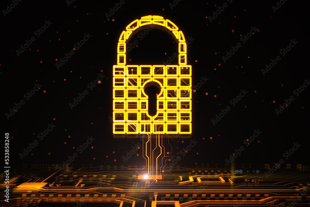 Aufkleber Cyberdata confidentiality concept with digital keyhole inside yellow padlock connected to circuit inside on abstract dark background. 3D rendering
