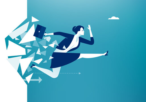 Breaking borders. Breaking the wall. A young woman breaks through the wall and flies forward through the fragments. Business illustration.