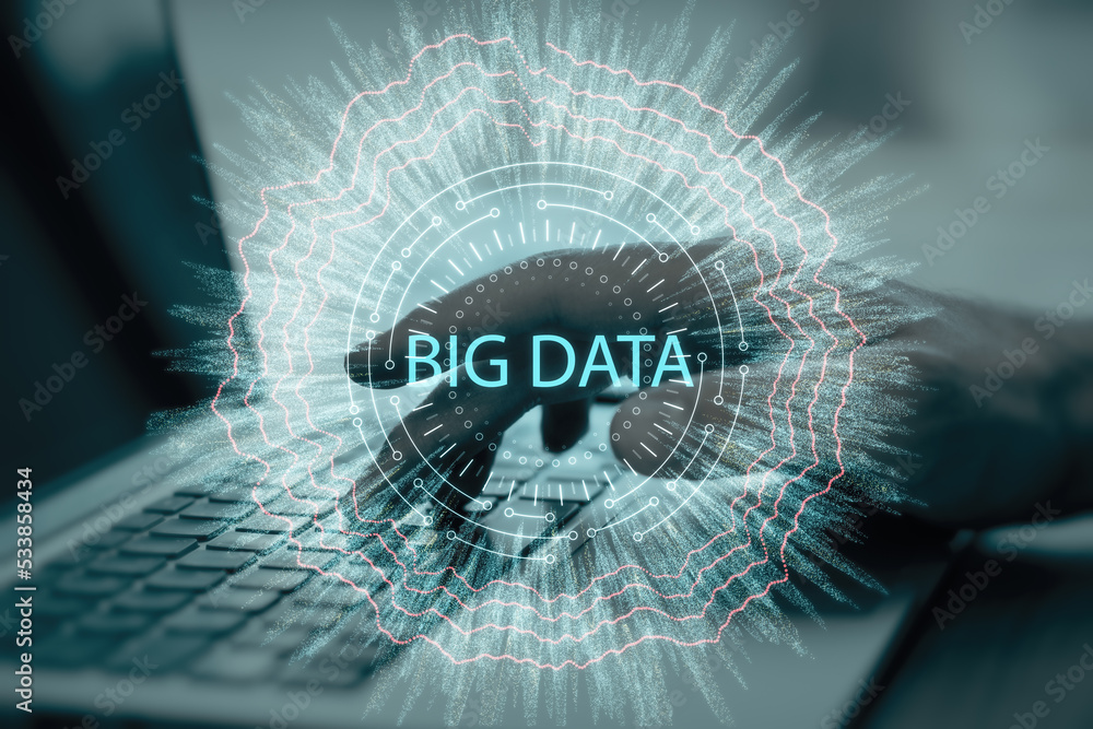 Poster Close up of hand using laptop computer keyboard with abstract round big data hologram on blurry background. Code and digital science concept. Double exposure.