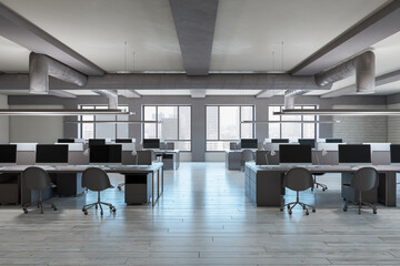 Contemporary coworking office interior with wooden flooring, furniture, window with city view and daylight. 3D Rendering.