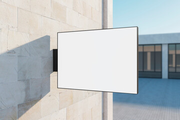 Empty rectangular white stopper on concrete building. Bright city with sunlight background. Ad, pub, cafe, or restaurant banner. Mock up, 3D Rendering.