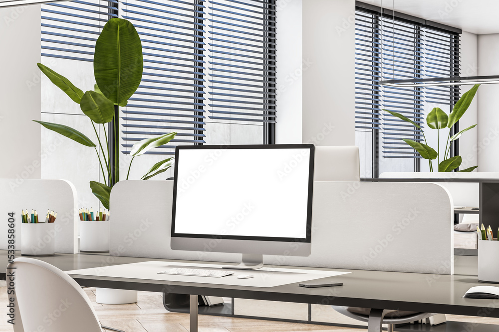 Poster Perspective view on blank white monitor on dark workspace table with white partition in sunlit coworking office. 3D rendering, mockup