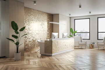 Perspective view on stylish reception zone in spacious sunlit golden shades office with green plant on parquet floor, white armchairs, city view from the windows and modern computers. 3D rendering