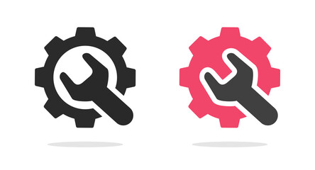 Repair fix help logo icon settings or cog wheel maintenance custom mechanical logotype with wrench and gear shape graphic, execution development engineering service symbol image