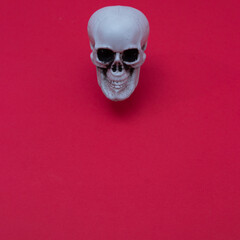 Skull floating in space on a red background with copy space. Minimalistic flat lay scene for Halloween.
