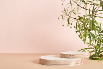 The podium consists of two wooden cylinders made of natural wood with green foliage. Minimalistic...