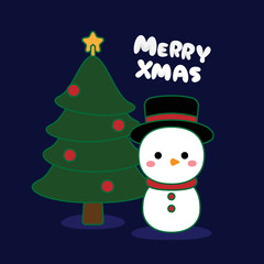 Merry Christmas greeting car. Snowman and Christmas tree on dark navy background.