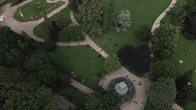 Thabor gardens, Rennes in Brittany, France. Aerial top-down forward 
