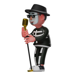  3D illustration. 3D Skeleton Boy cartoon standing holding standing microphone. singing with a hat wearing sunglasses looks cool. 3D Cartoon Character