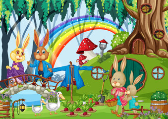 Rabbit family in fantasy forest