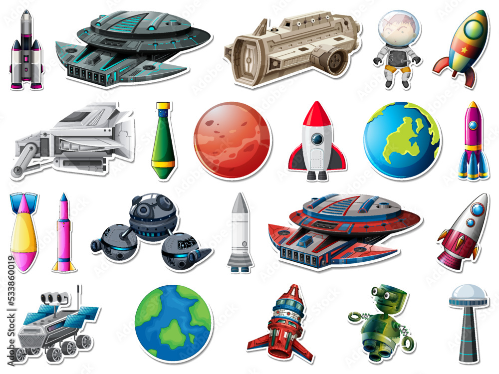 Wall mural sticker set of outer space objects and astronauts