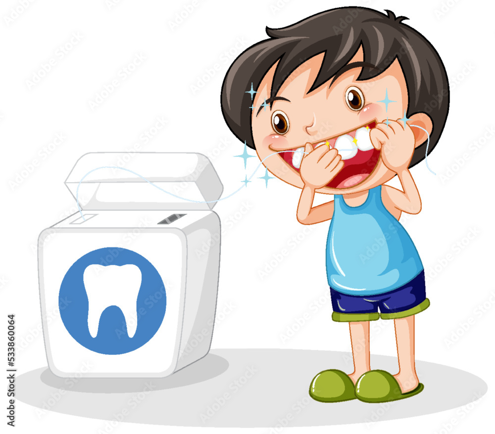 Sticker Cute boy cartoon character flossing teeth