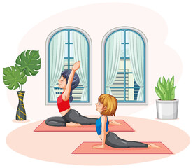 Women practicing yoga at home