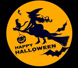 ハロウィーン　月光　空飛ぶ魔女のシルエットセット　文字入り