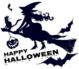 ハロウィーン　箒で空を飛ぶ魔女　シルエットセット　文字入り