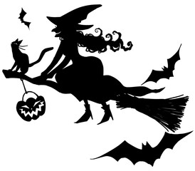 HALLOWEEN 箒で空を飛ぶ魔女　シルエットセット　文字なし