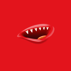 Vector Cartoon vampire mouth with fangs isolated on red background. Funny and cute blue Halloween Monster mouth with teeth and tongue