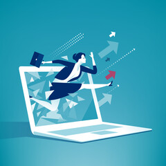 Breaking the internet. A breakthrough. A young woman smashes through a computer screen and flies out through the fragments. Business illustration.