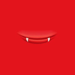 Vector Cartoon vampire mouth with fangs isolated on red background. Funny and cute blue Halloween Monster mouth with teeth and tongue