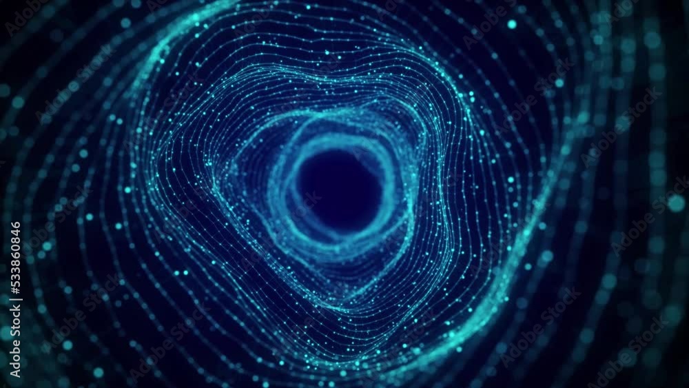 Poster abstract dynamic wireframe tunnel on blue background. deep wavy wormhole. futuristic particle flow. 