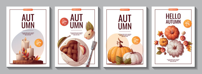 Fototapeta na wymiar Set of autumn promo flyers with pumpkins, apple pie, candles and autumn leaves. Autumn, harvest, holiday, fall concept. Vector illustration. Banner, flyer, advertising.