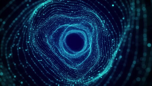 Abstract dynamic wireframe tunnel on blue background. Deep wavy wormhole. Futuristic particle flow. 3d rendering.	
