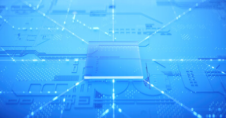 3D rendering of cyberpunk AI. Circuit board. Technology background. Central Computer Processors CPU and GPU concept. Motherboard digital chip. Tech science background.