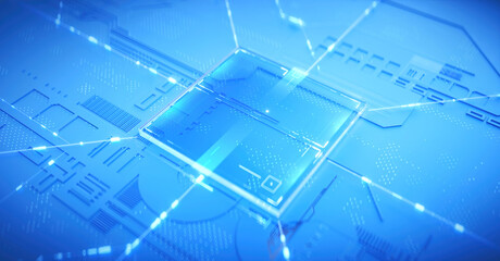 3D rendering of cyberpunk AI. Circuit board. Technology background. Central Computer Processors CPU and GPU concept. Motherboard digital chip. Tech science background.