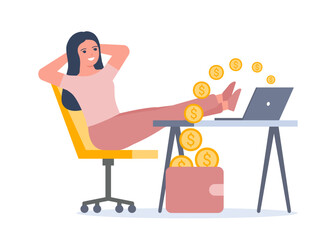 Passive income, internet salary, getting money on computer in wallet. Woman work and relax in chair while coins fly out of computer. Easy earning money. Vector illustration