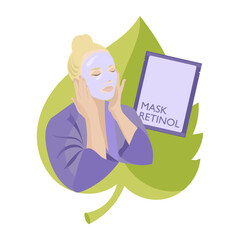 Cosmetic Retinol. Home beauty procedures, young woman with anti-aging face mask and in purple bathrobe, Sheet mask in pack, Skin care routine. Flat vector illustration.