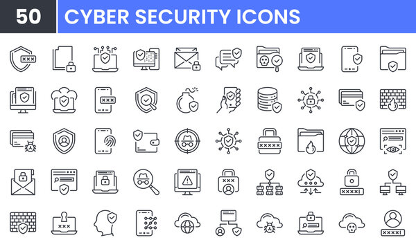 Cyber Security vector line icon set. Contains linear outline icons like Data Protection, Hacker, Password, Firewall, Spam, Antivirus, Virus Threat, Padlock, Secure, Phishing. Editable use and stroke.