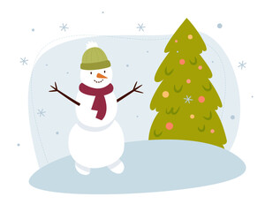 Winter scene with snowman, christmas tree and snowflakes. Snowman with a green hat and red scarf. Vector flat illustration.