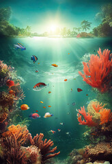 Split view of underwater scene with fishes and corals in bioluminescence, and a tropical beach with palm trees. Under the water surface and above with blue sky and palms. 3D illustration vertical.