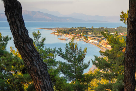Top view of Lighthouse and Aliki beach in Aigio, Greece 