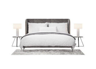 Double bed with carpet and lamps on transparent background. Front view. Gray and white bedding. Modern interior design element. Bedroom furniture. Cut out. 3D rendering.