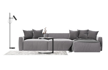 Gray sofa with carpet, coffee table and standing lamp on transparent background. Front view. Living room furniture. Modern interior design element. Cut out. 3D rendering
