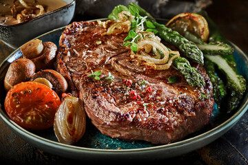 Grilled meat and vegetables on plate